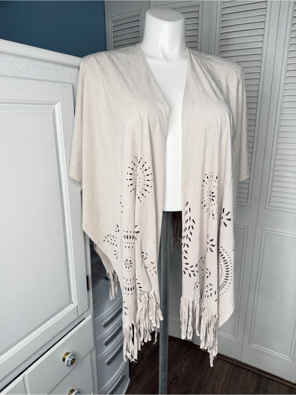 Chico’s Taupe Micro Suede Laser Cut Cardigan